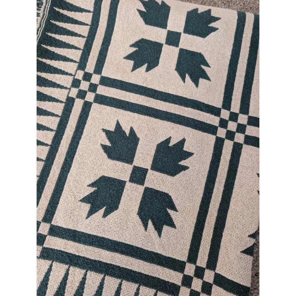 Antique Style Woven Coverlet Throw Teal Green Cabin Americana Blanket
